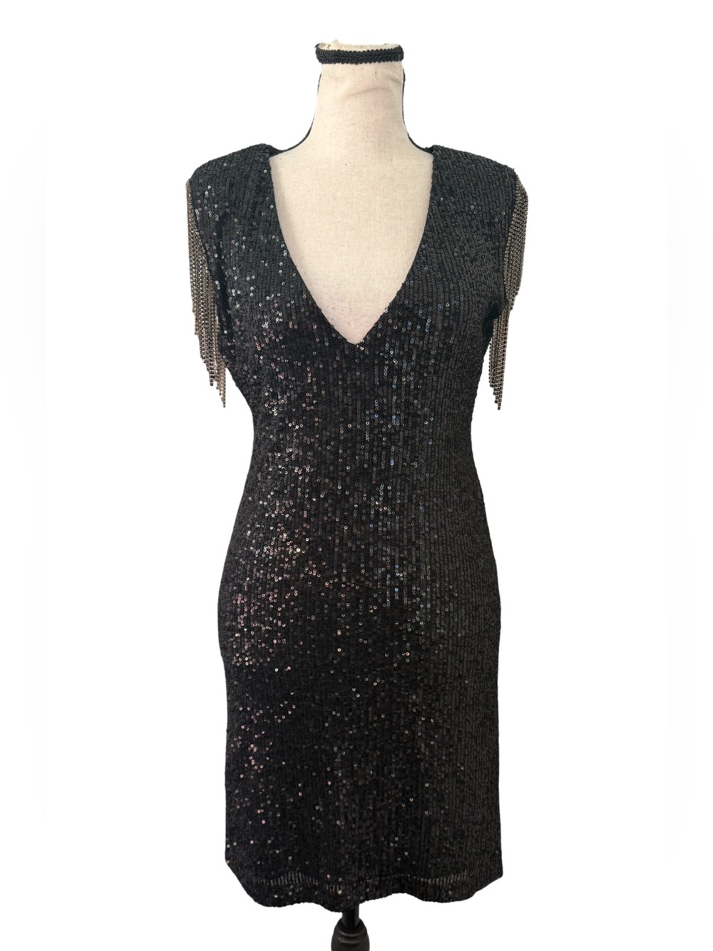 Betsey Johnson Black Sequin Mini Dress Fringe Sleeve V Neck Cocktail Medium